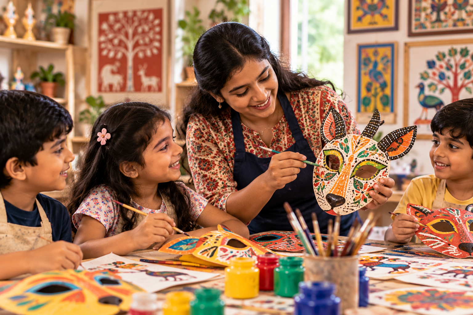 An Indian art teacher guiding children as they paint colourful folk-art-inspired character masks