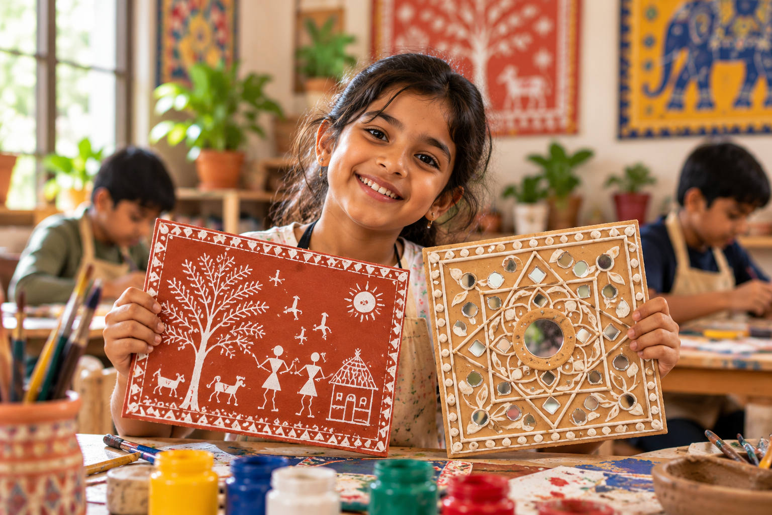 A child proudly showing her Warli Story Panel and Mini Lippan Mirror Panel
