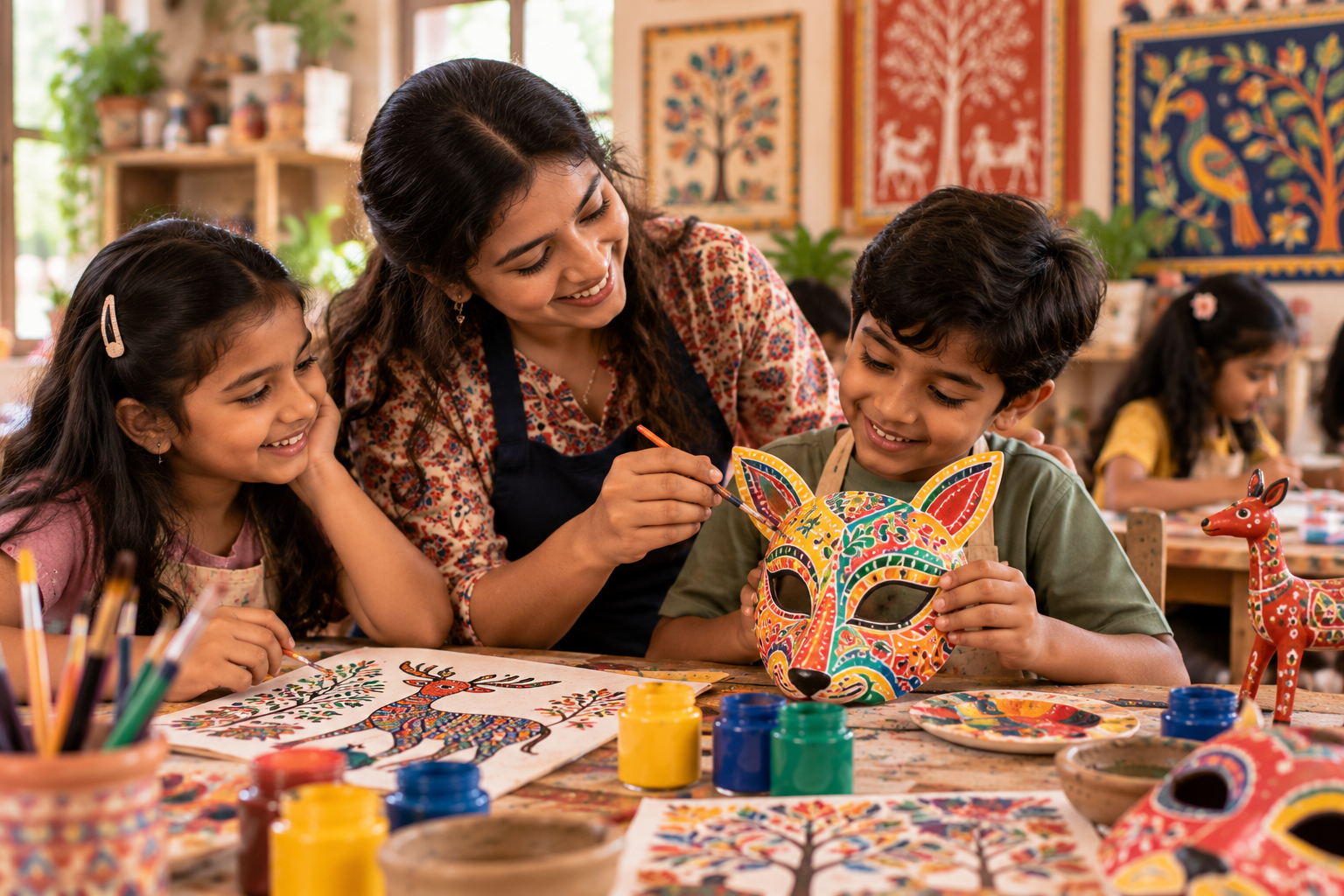Children creating a colourful folk-art-inspired character mask with their teacher