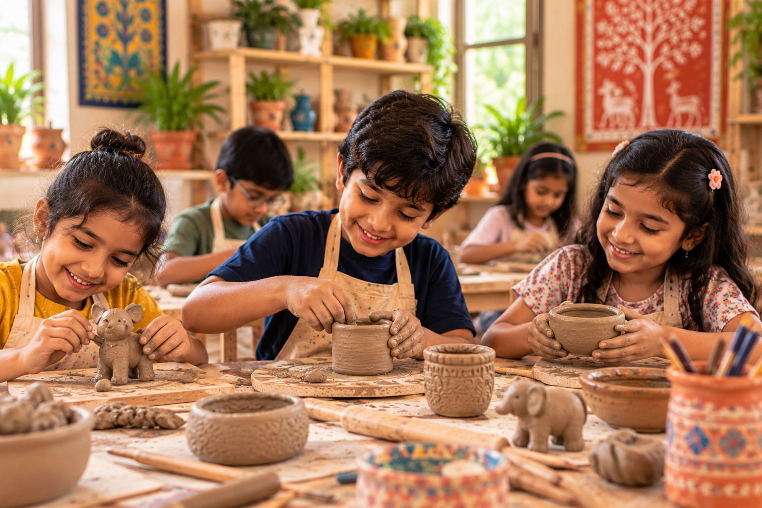Children shaping clay by hand during a pottery workshop