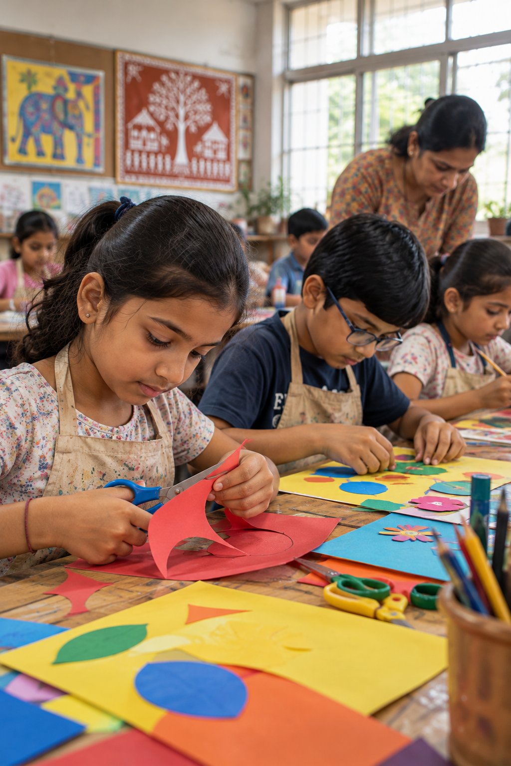 Children working together on colourful paper creations in a classroom workshop