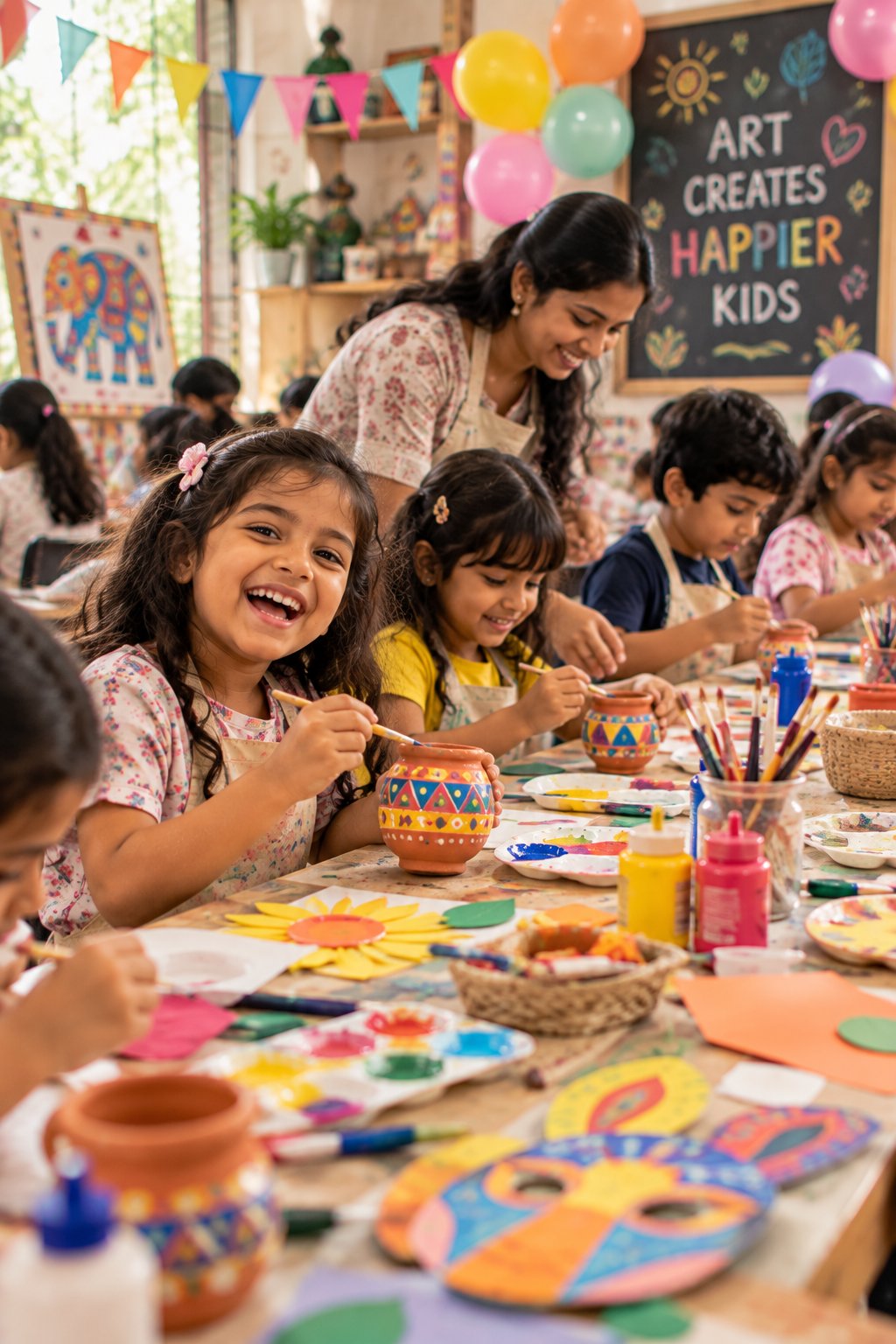 Children and a facilitator enjoying a creative art workshop