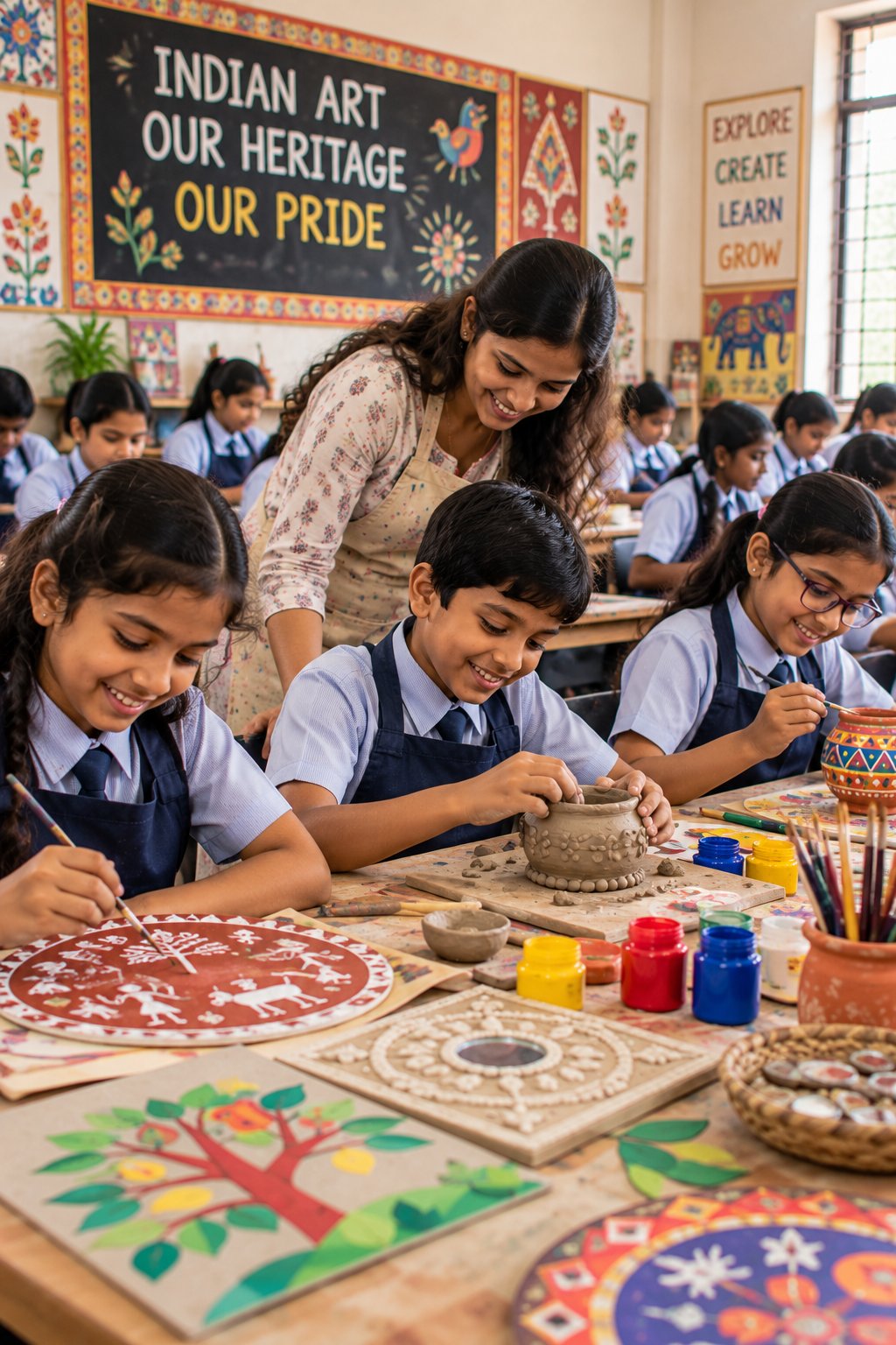 Students learning by making art together at a classroom table