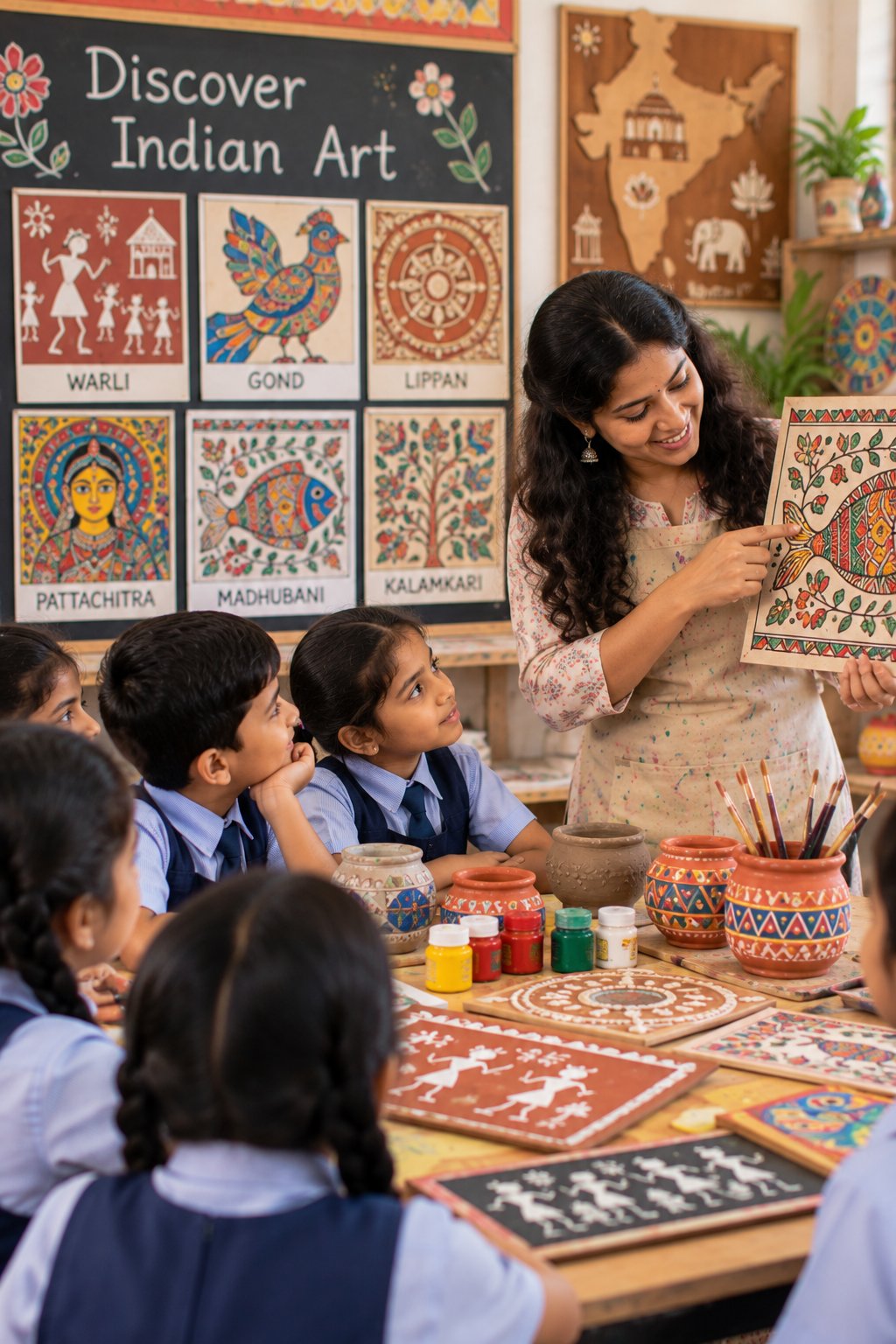A facilitator introduces Indian folk art to a group of school children