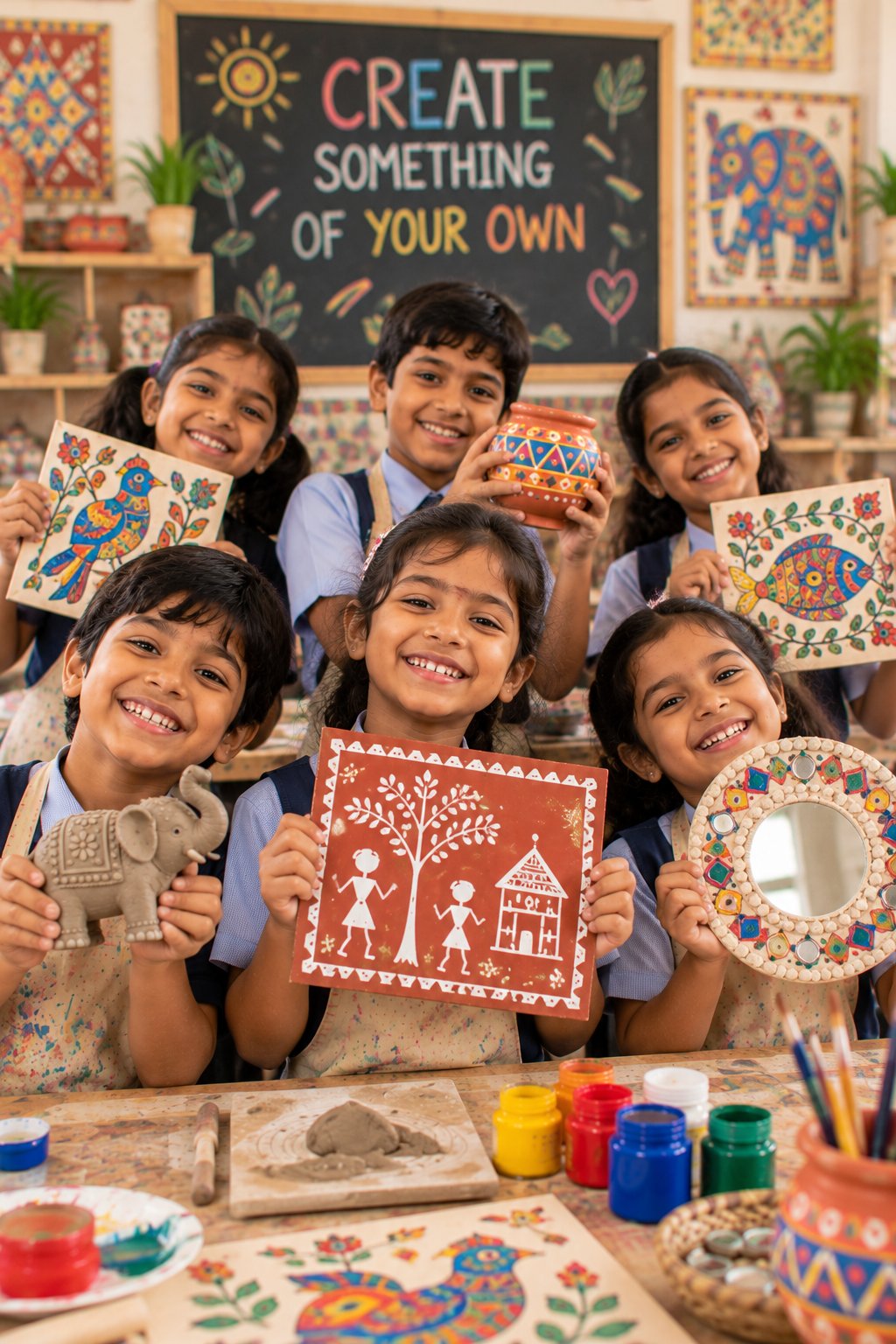 Young artists proudly showing their handmade creations in a group workshop