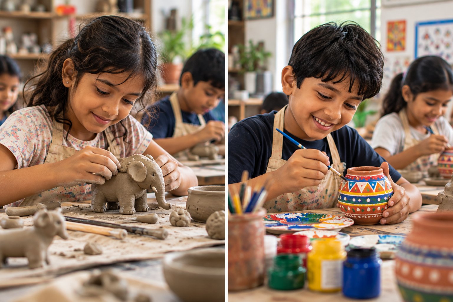 Children shaping clay and decorating handmade pieces during a workshop