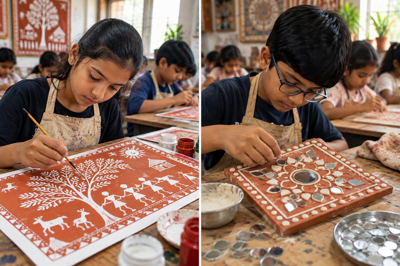 Children creating Warli story art and raised Lippan mirror patterns side by side