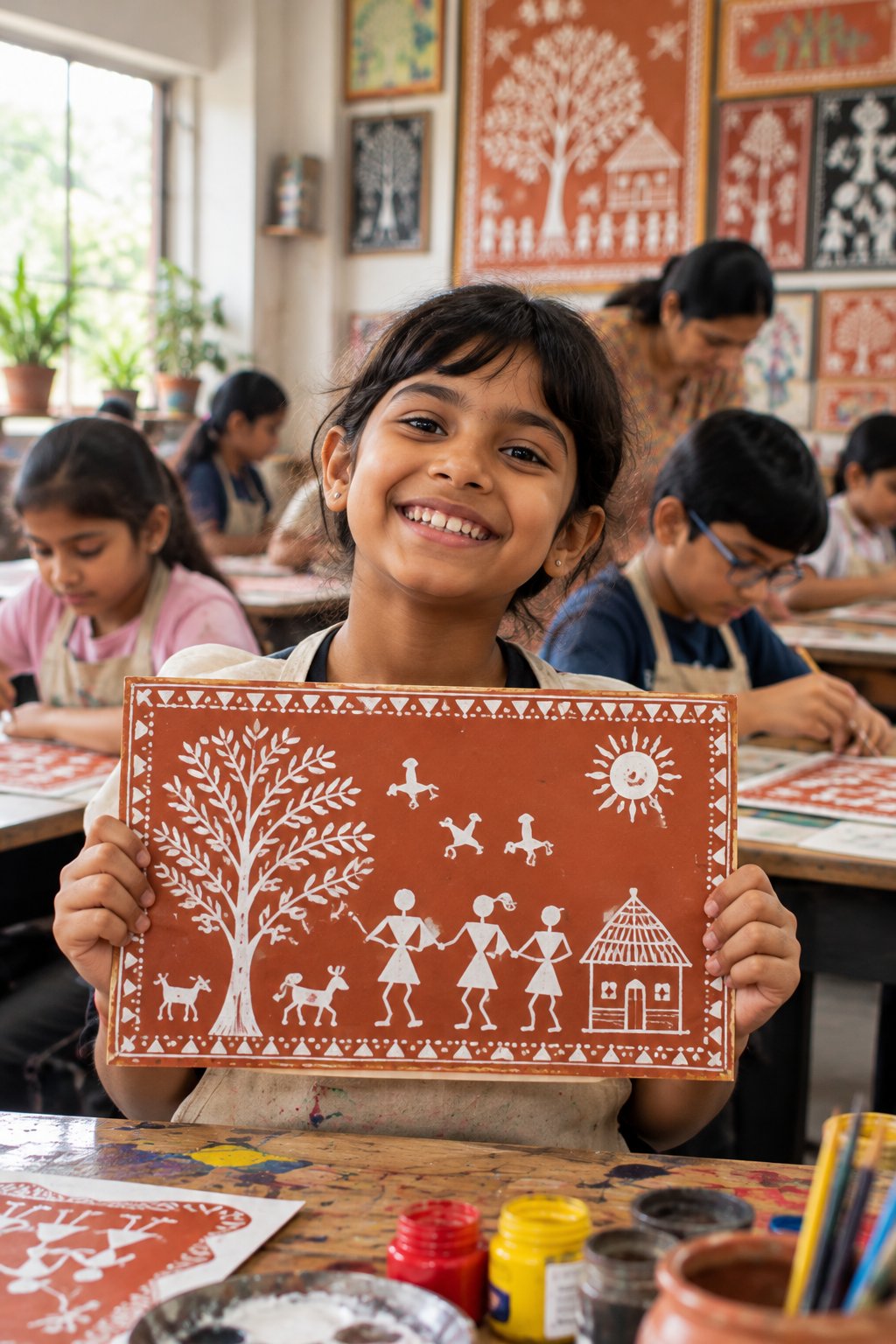 A child proudly presenting a Warli story painting